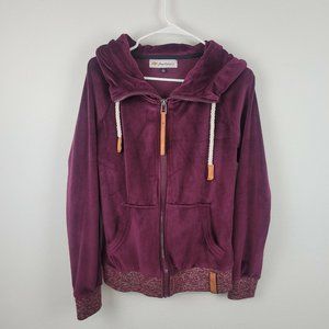 Montana Co. fleece full zip hooded Women's Jacket leather/rope accent Small Wine